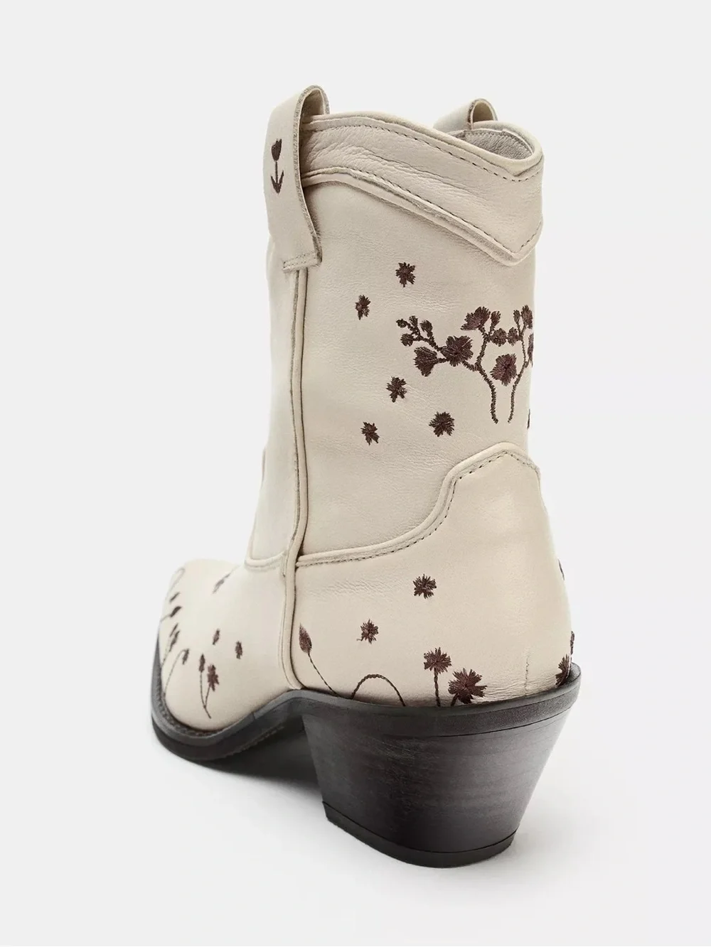 Zara white leather cowboy ankle boots featuring floral embroidery size 8